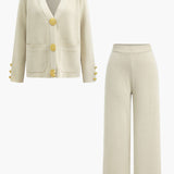 Button Detail Knit Cardigan And Wide-Leg Pants Set Dreamardi