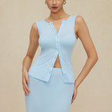 Modern casual sleeveless cardigan and skirt set