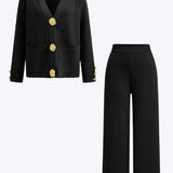 Button Detail Knit Cardigan And Wide-Leg Pants Set Dreamardi