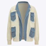 Eye-catching patchwork design women's denim sweater cardigan