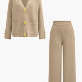 Button Detail Knit Cardigan And Wide-Leg Pants Set Dreamardi