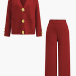 Button Detail Knit Cardigan And Wide-Leg Pants Set Dreamardi