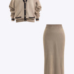 Knit Button Pocket Long-Sleeve Cardigan  And Skirt Set Dreamardi